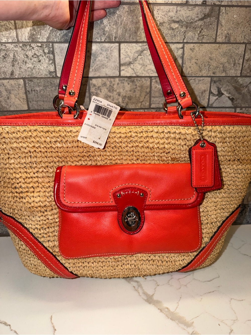 Coach Straw Tote with Red Leather Trim and Front Pocket